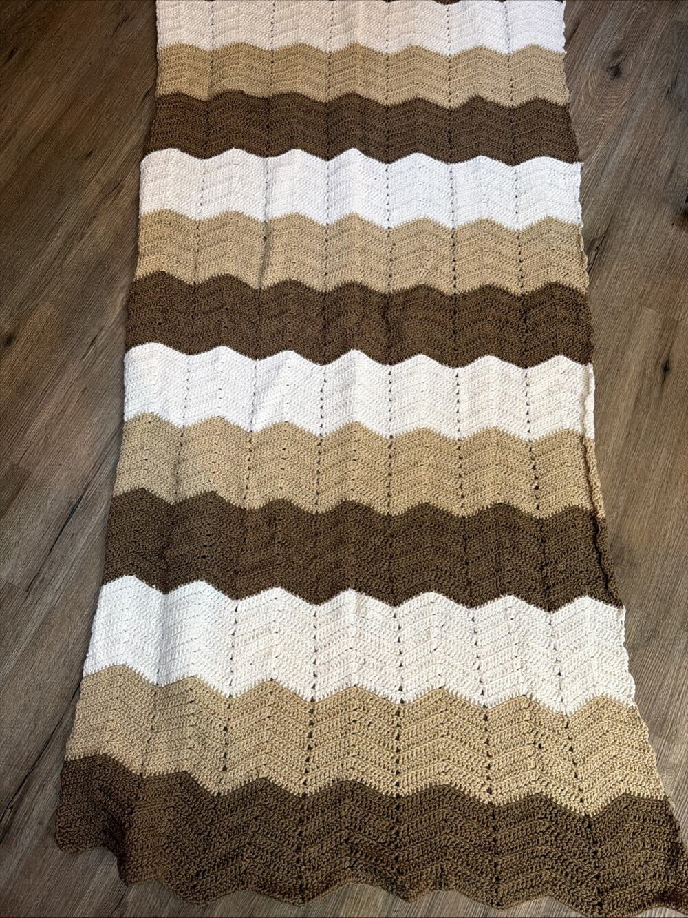 Vintage Crochet Afghan Blanket. Chevron Stripe, Brown Beige White 68x33